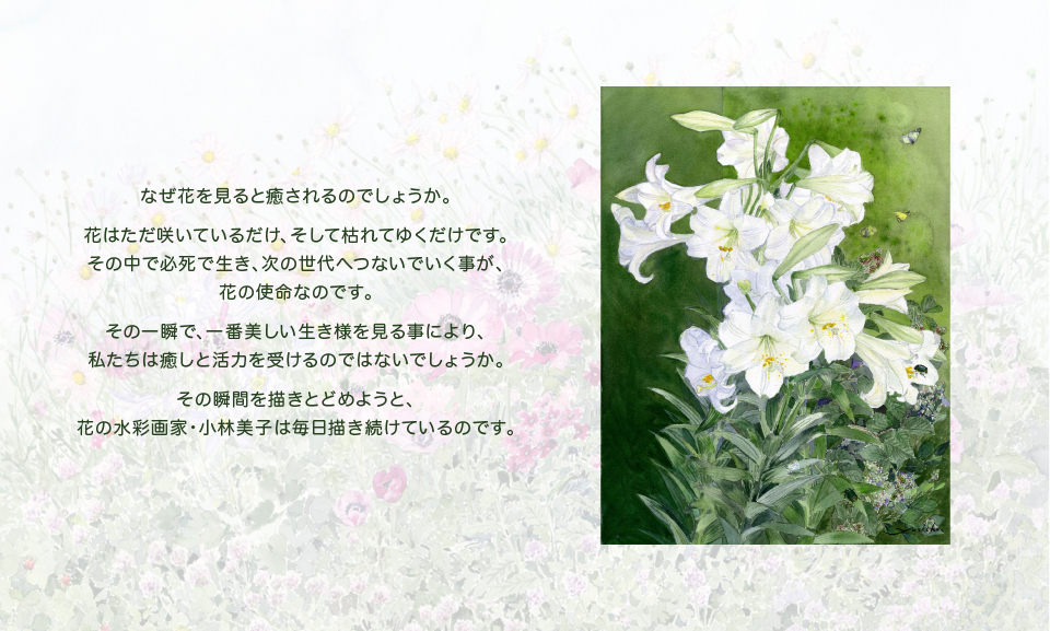 なぜ花を見ると癒されるのでしょうか。花はただ咲いているだけ、そして枯れてゆくだけです。その中で必死で生き、次の世代へつないでいく事が、花の使命なのです。その一瞬で、一番美しい生き様を見る事により、私たちは癒しと活力を受けるのではないでしょうか。その瞬間を描きとどめようと、花の水彩画家・小林美子は毎日描き続けているのです。